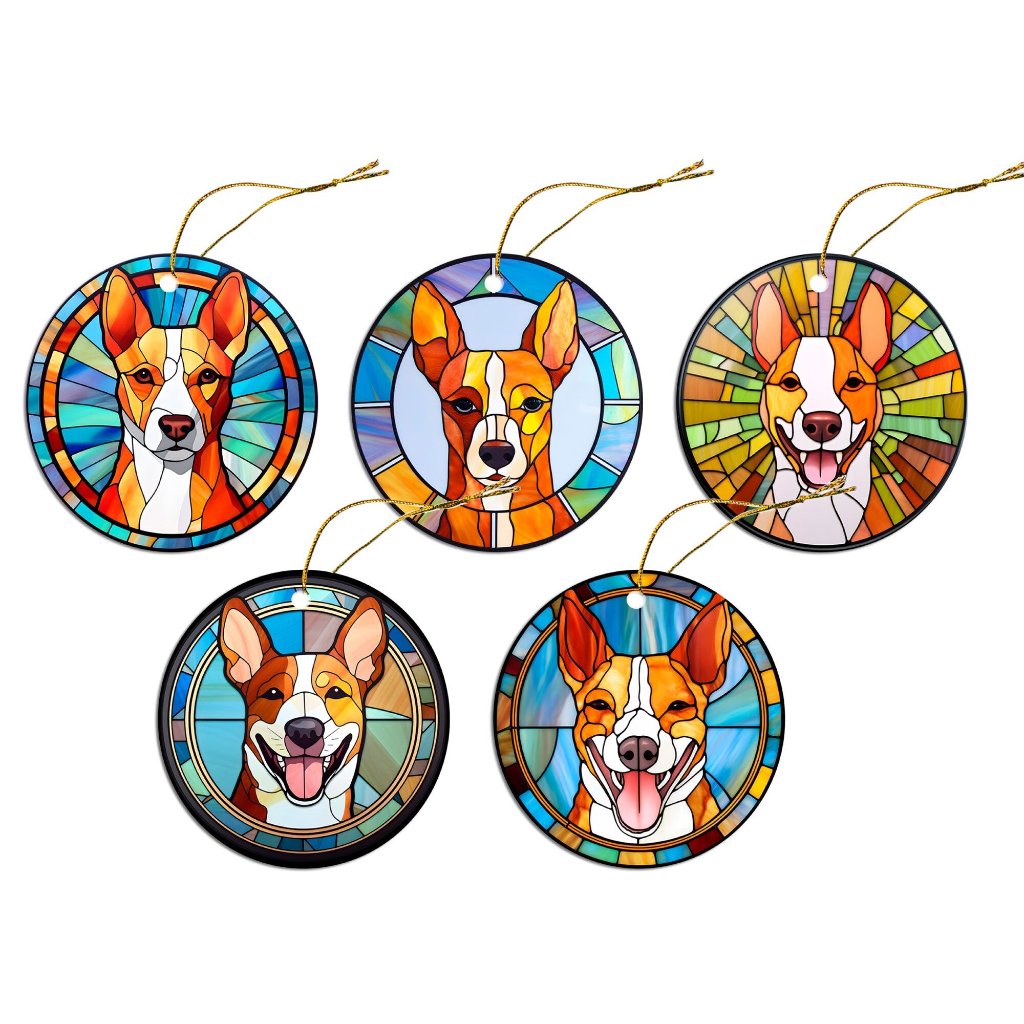 Stained glass style Christmas ornament featuring a Basenji dog breed design, with vibrant colors and an elegant golden string.